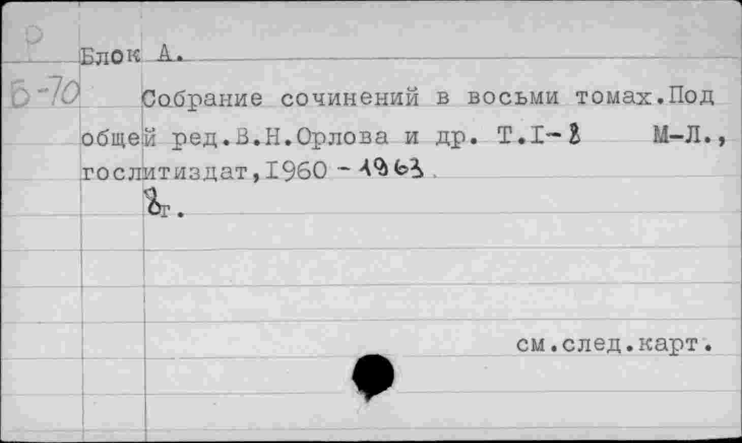 ﻿		А		_ . .. 			 	 		
Ь'7О	Собрание сочинений в восьми томах.Под общей ред.В.Н.Орлова и др. Т.1—1 М-Л. Гослитиздат.1960 ~	
		%г.
		
		
		
		см.след.карт.
		
		
		